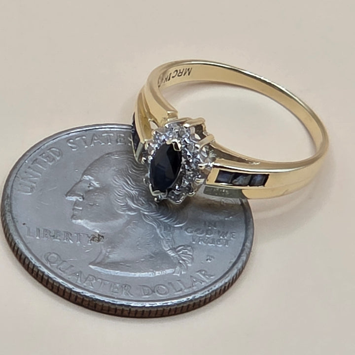 14K Gold, Halo Diamond and Blue Sapphire Elegant Ring