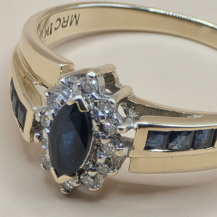 14K Gold, Halo Diamond and Blue Sapphire Elegant Ring