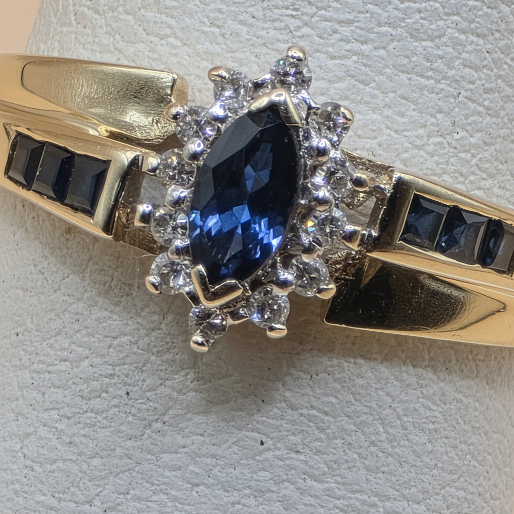 14K Gold, Halo Diamond and Blue Sapphire Elegant Ring