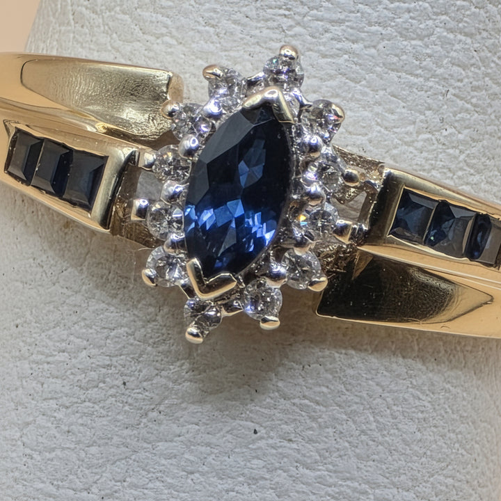 14K Gold, Halo Diamond and Blue Sapphire Elegant Ring