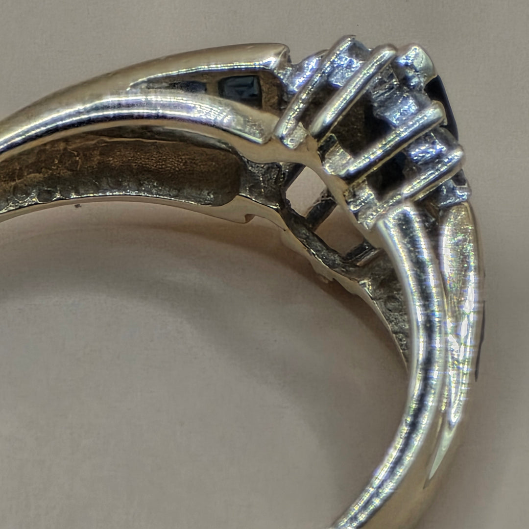14K Gold, Halo Diamond and Blue Sapphire Elegant Ring