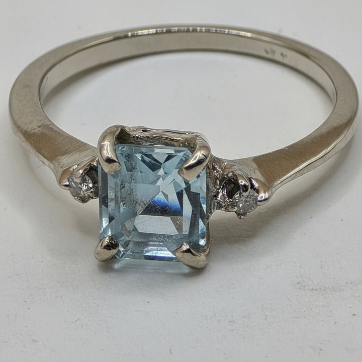14K Gold Emerald Cut, Diamond Accented Baby Blue CZ Ring