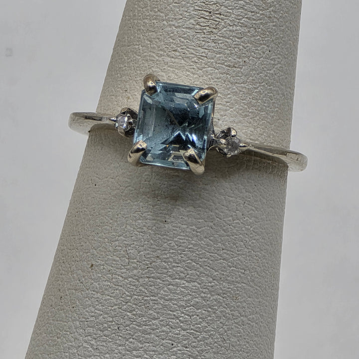 14K Gold Emerald Cut, Diamond Accented Baby Blue CZ Ring