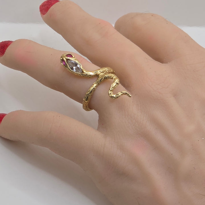 14K Gold, Crystal & Ruby Wrap Around Snake Ring