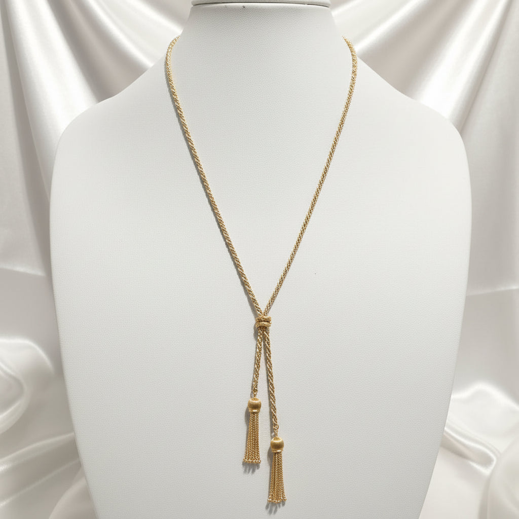 18K Gold Twisted Rope & Box Link Tassel Necklace
