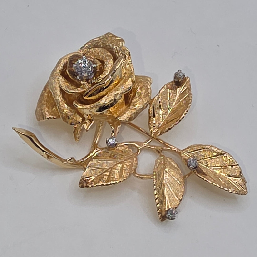 14K Gold & Diamond Detailed Rose Flower Brooch
