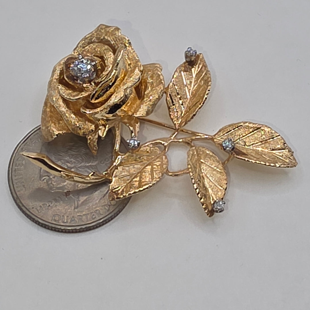 14K Gold & Diamond Detailed Rose Flower Brooch