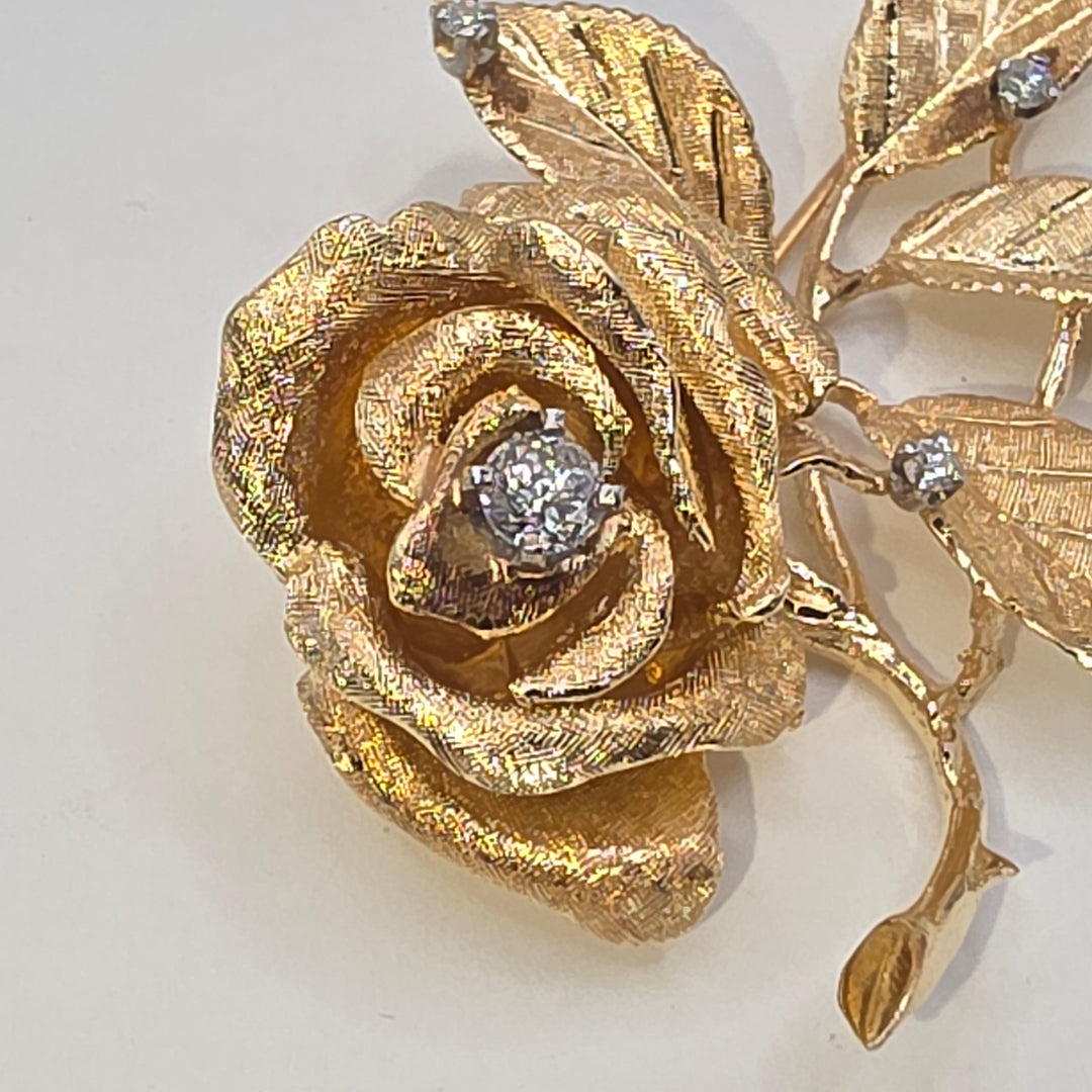 14K Gold & Diamond Detailed Rose Flower Brooch