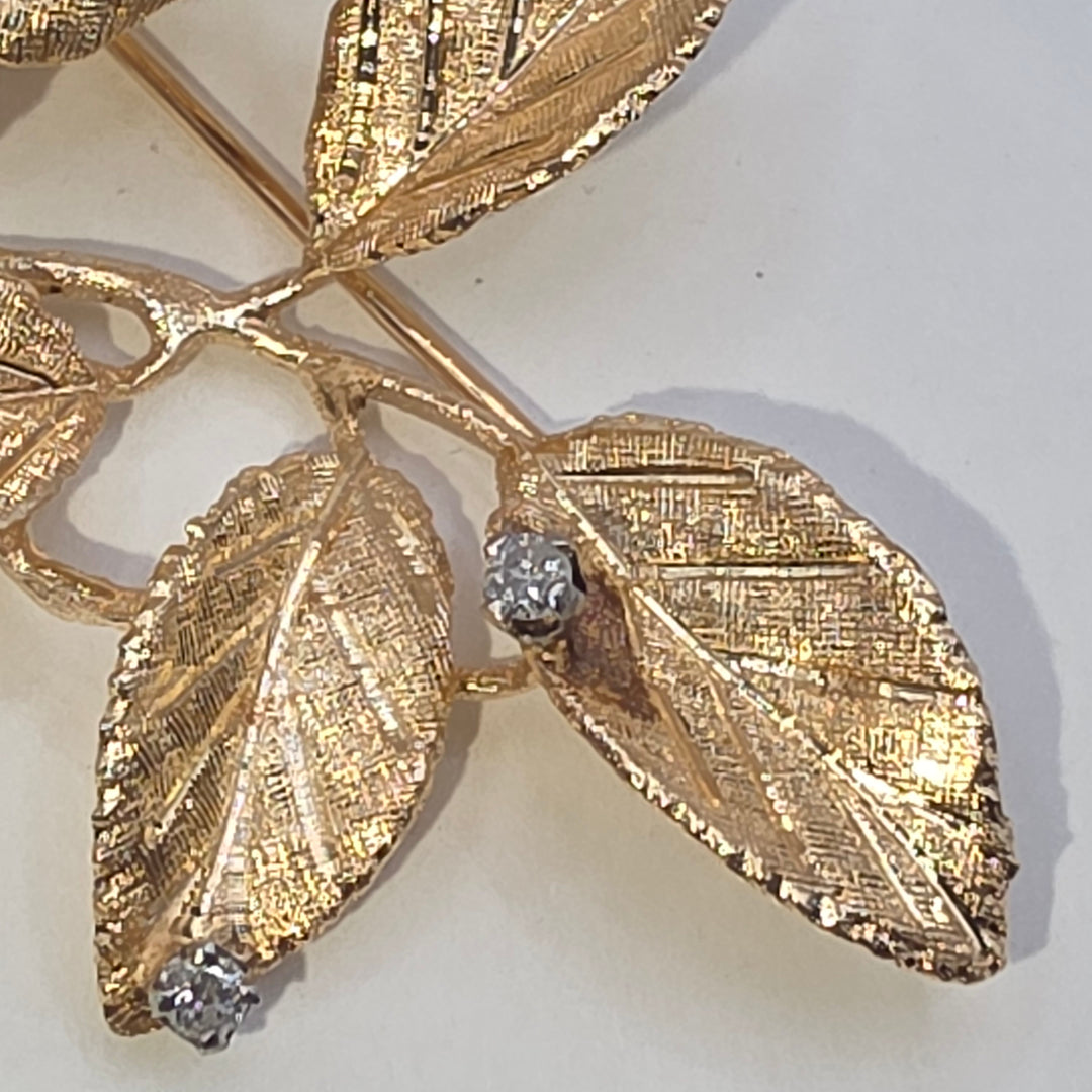 14K Gold & Diamond Detailed Rose Flower Brooch
