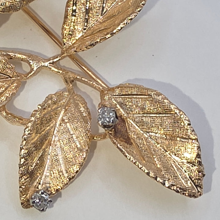 14K Gold & Diamond Detailed Rose Flower Brooch