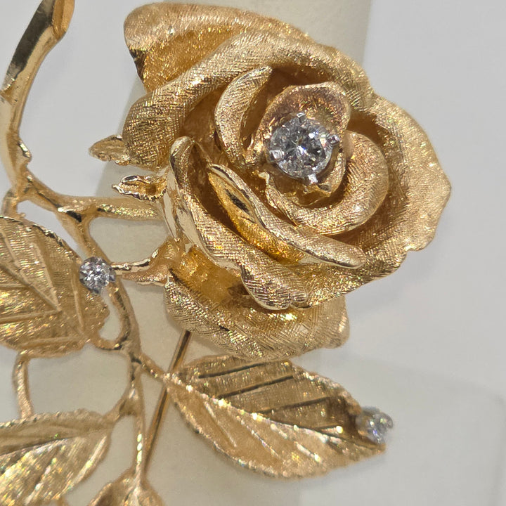 14K Gold & Diamond Detailed Rose Flower Brooch