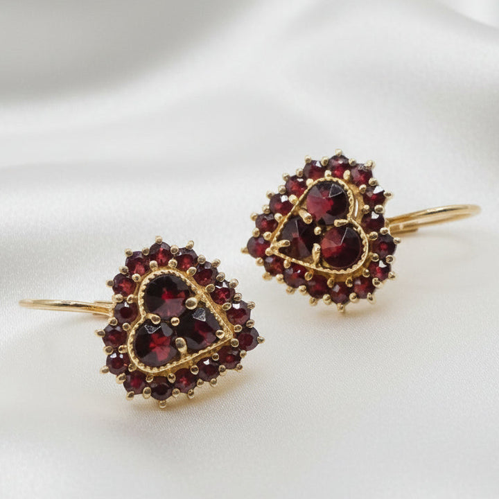 14K Gold & Garnet All American Dangle Heart Earrings
