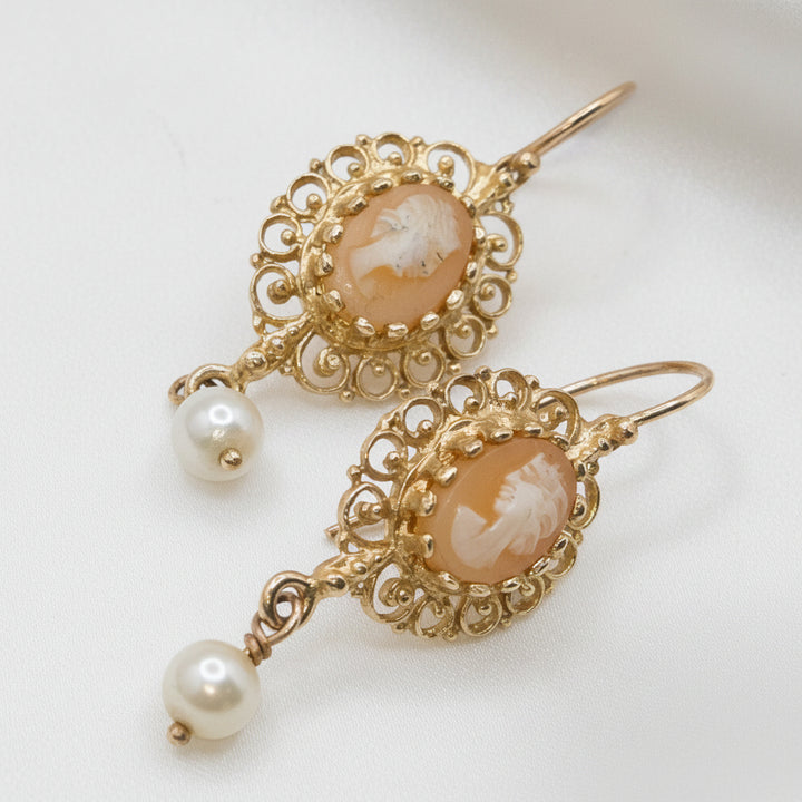 14K Gold Victorian Cameo Dangle Earrings