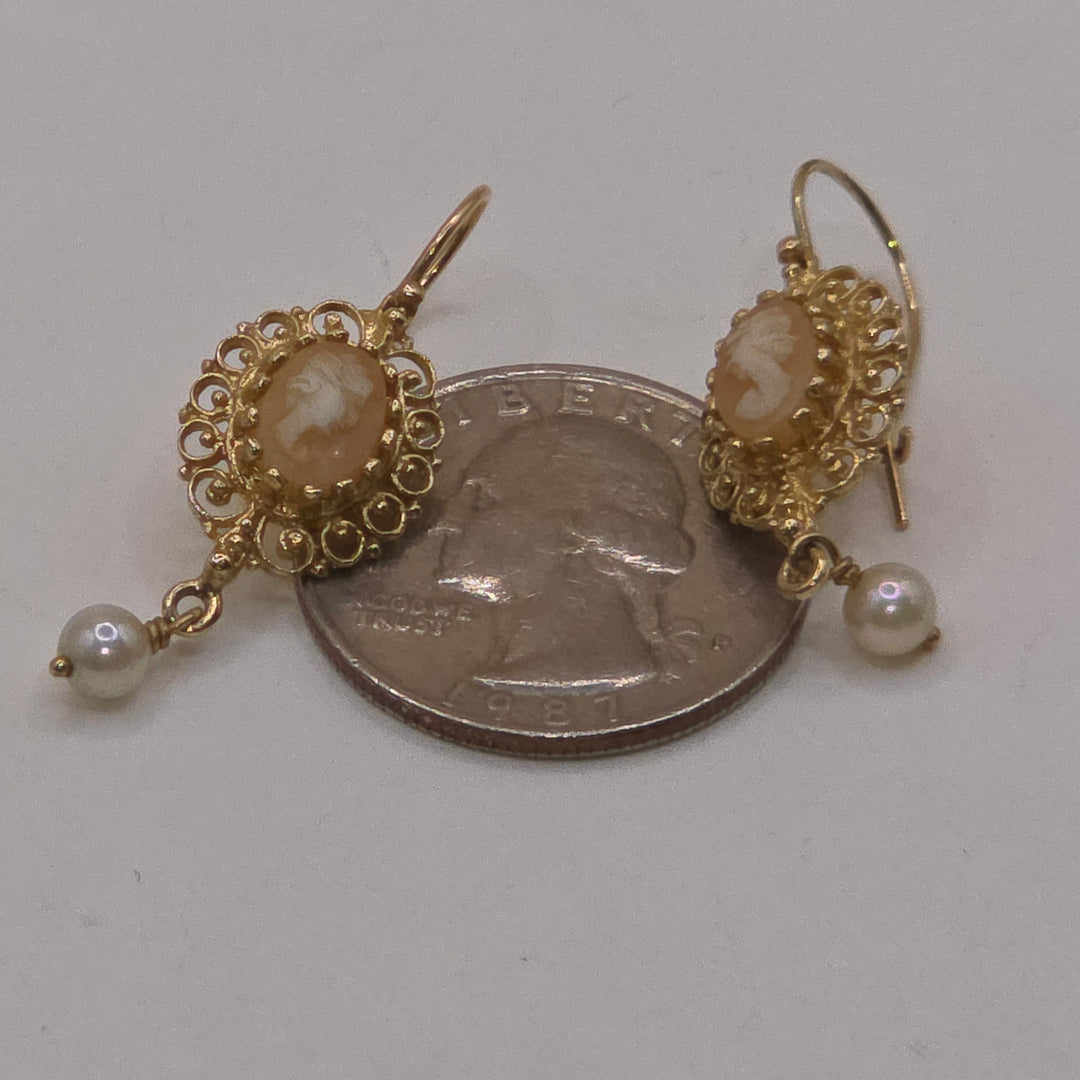 14K Gold Victorian Cameo Dangle Earrings
