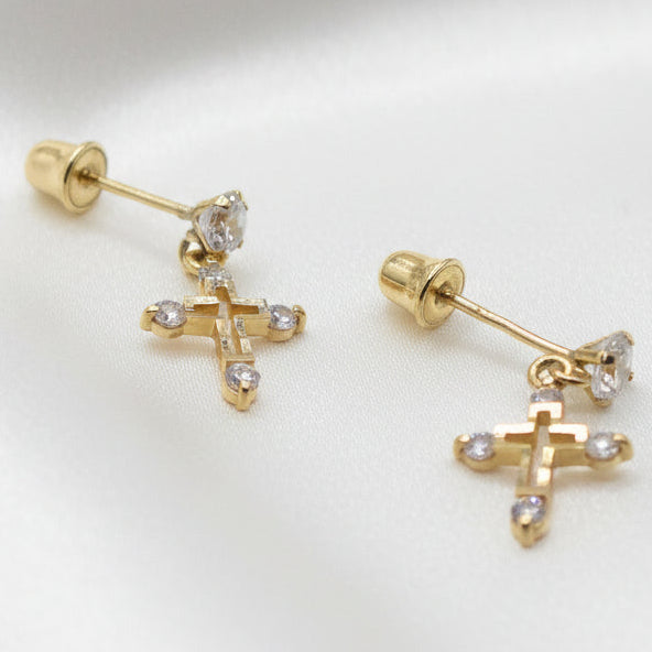 14K Gold & Quartz Petite Cross Dangle Earrings