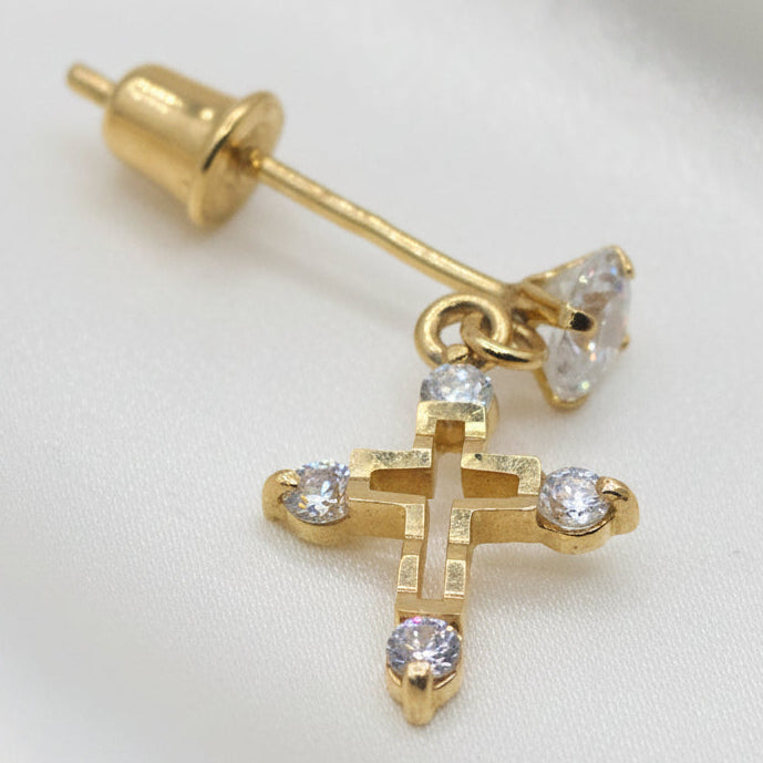 14K Gold & Quartz Petite Cross Dangle Earrings