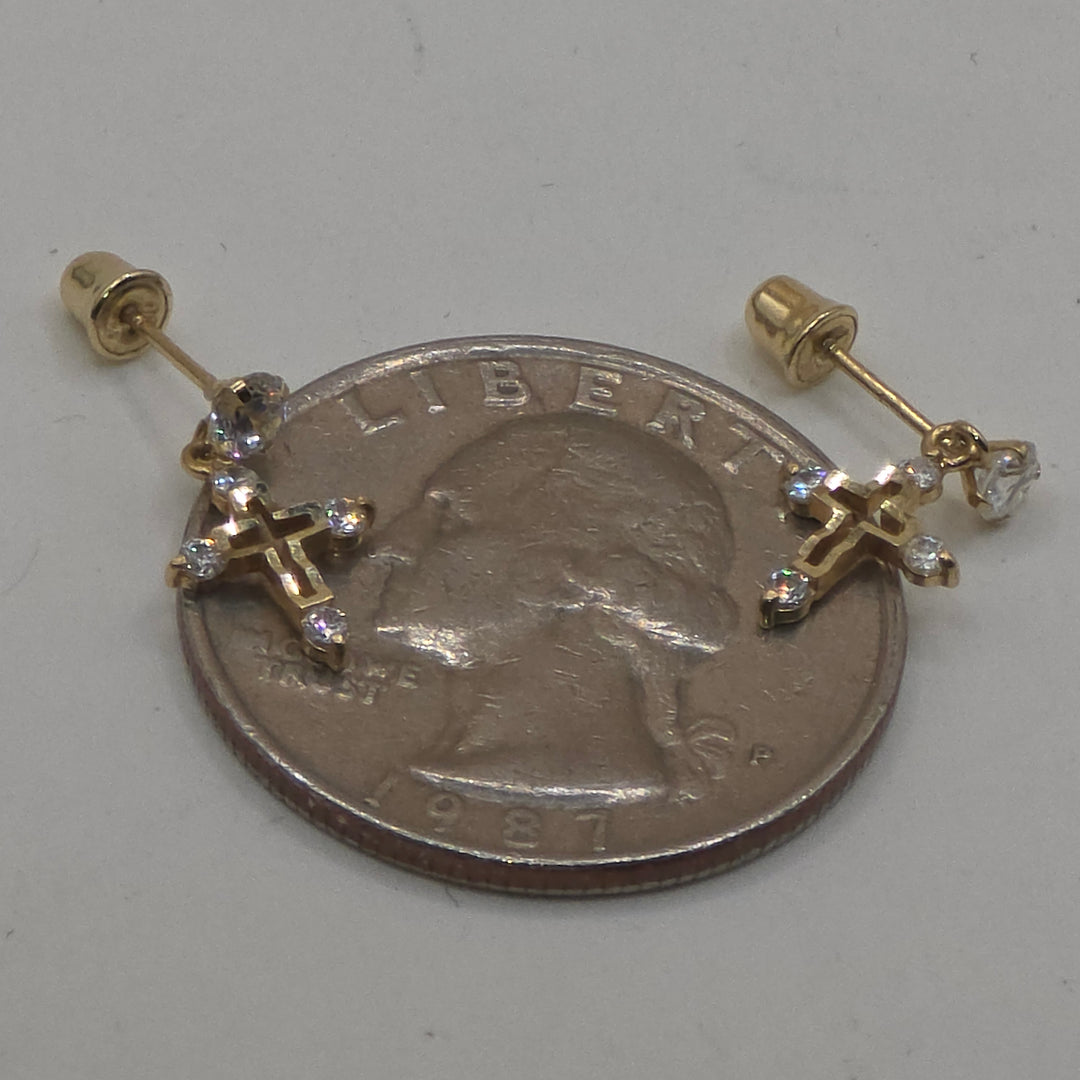 14K Gold & Quartz Petite Cross Dangle Earrings