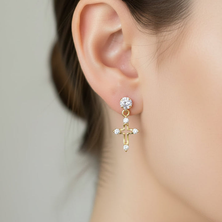 14K Gold & Quartz Petite Cross Dangle Earrings
