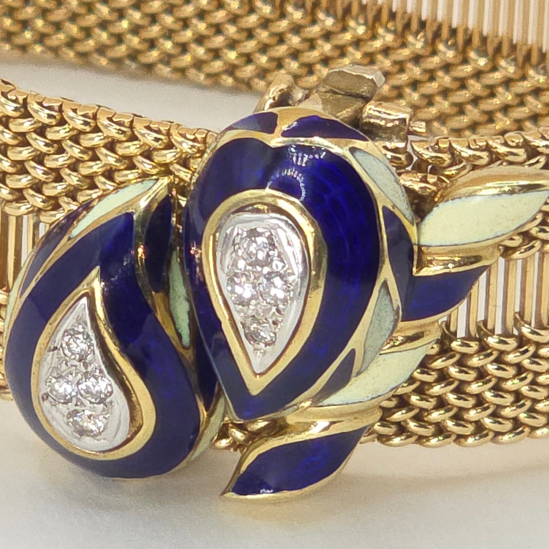 Spectacular 14K Gold, Diamond & Enameled Double Weave Bracelet