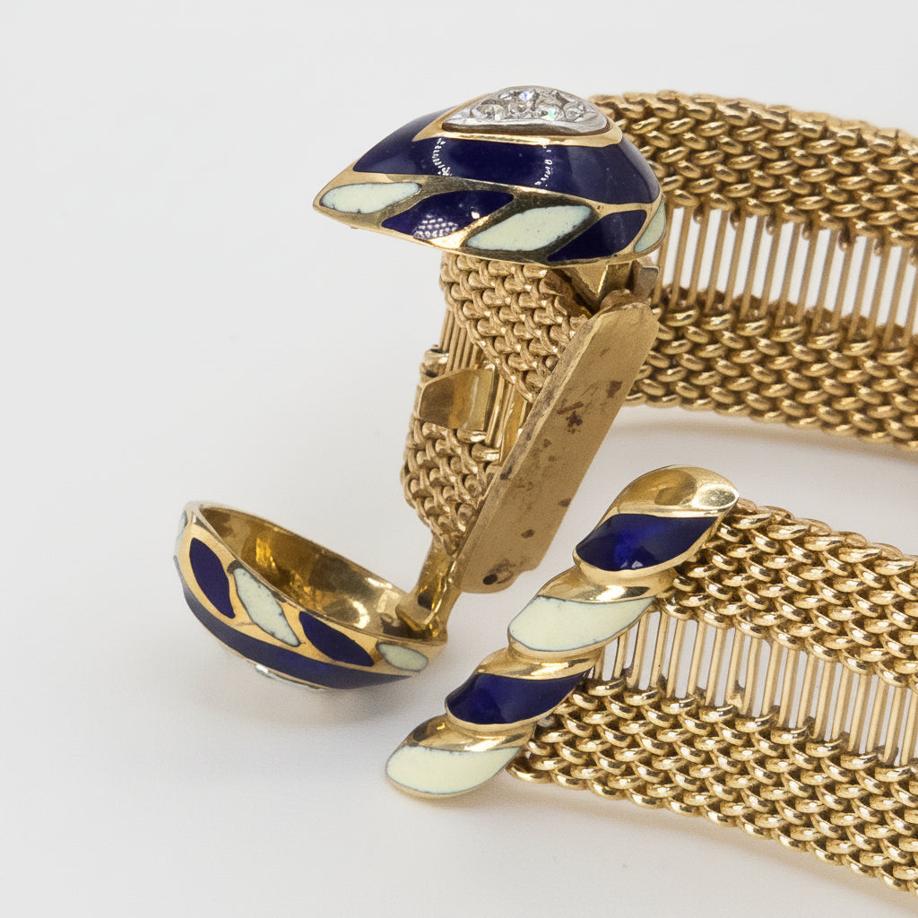 Spectacular 14K Gold, Diamond & Enameled Double Weave Bracelet