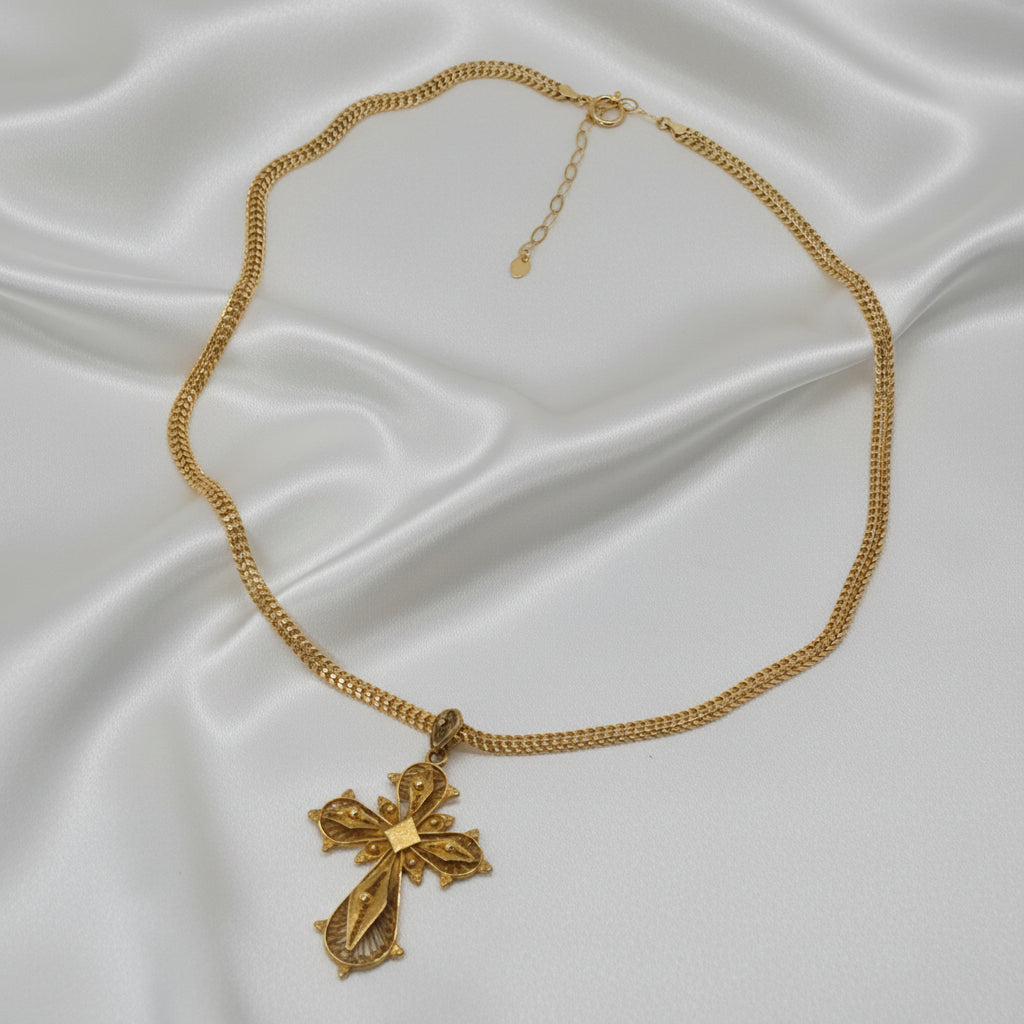 18K Gold Deeply Detailed Filigree Cross Necklace