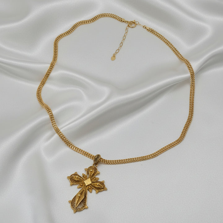 18K Gold Deeply Detailed Filigree Cross Necklace