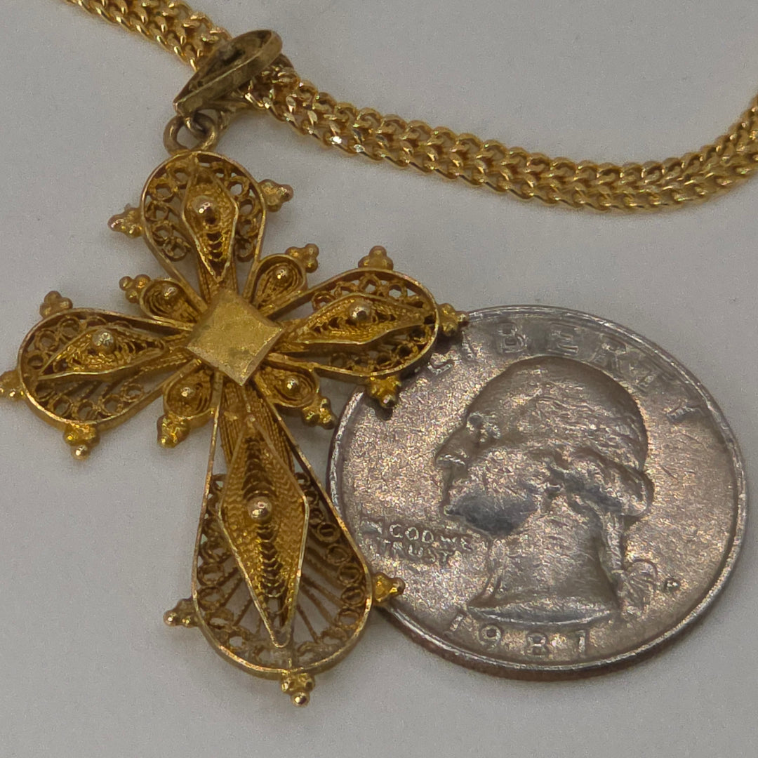 18K Gold Deeply Detailed Filigree Cross Necklace