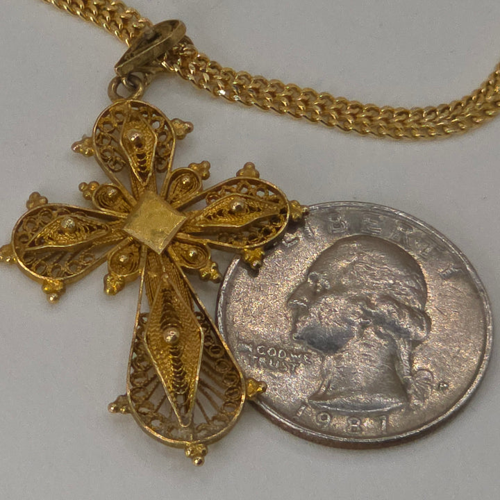18K Gold Deeply Detailed Filigree Cross Necklace