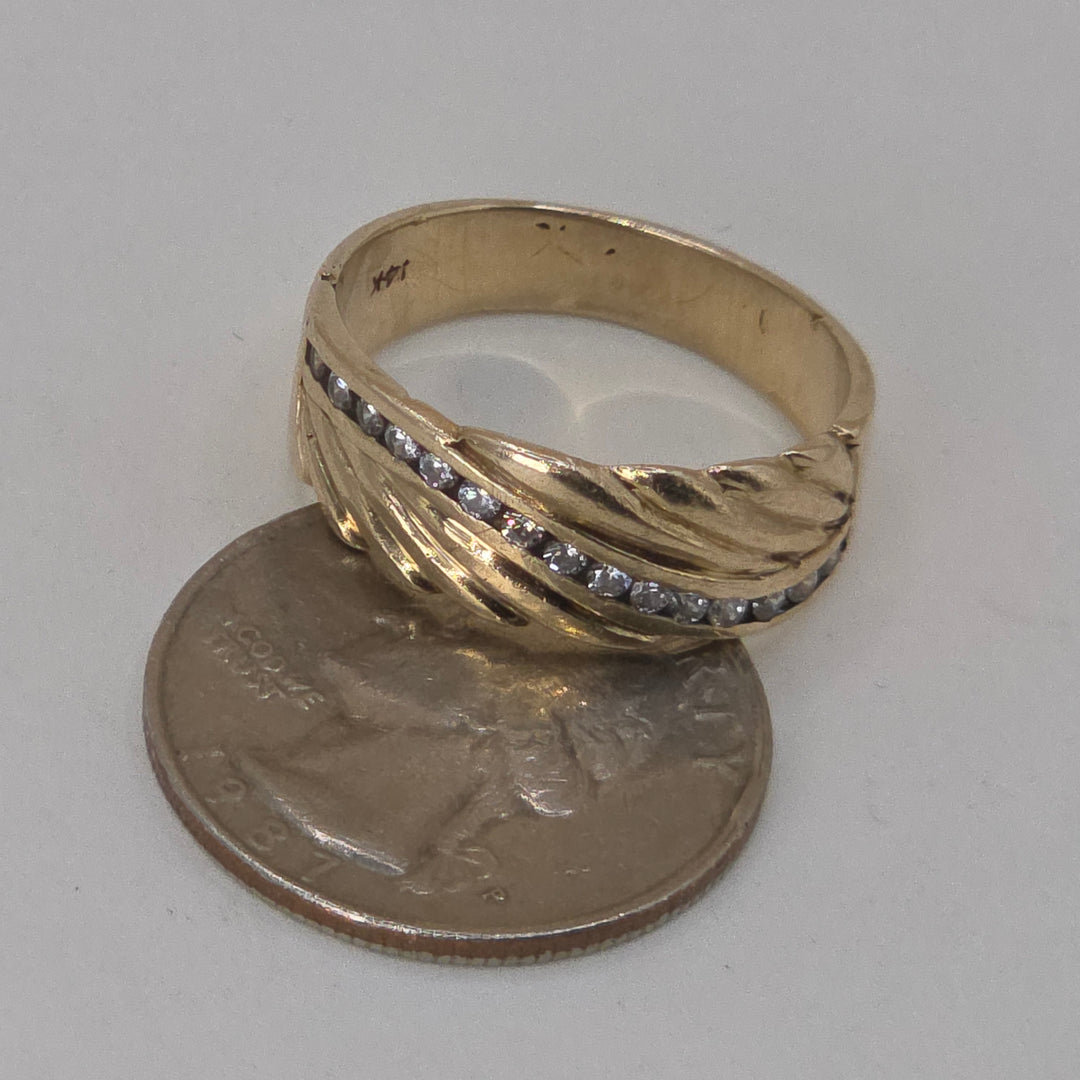 14K Gold Diagonal Wave Channel Set Diamond Statement Ring