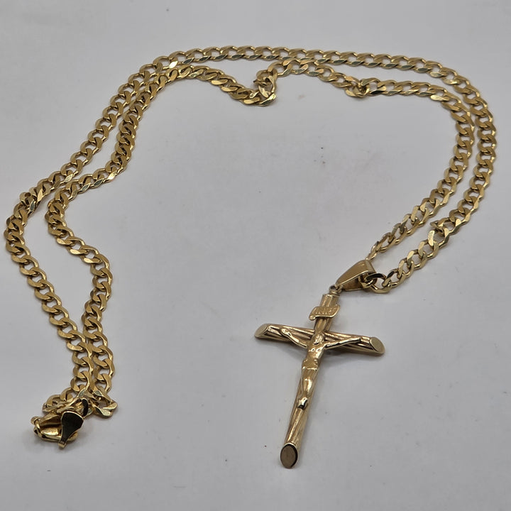 10K Gold Crucifix, Flat Cubin Link Necklace