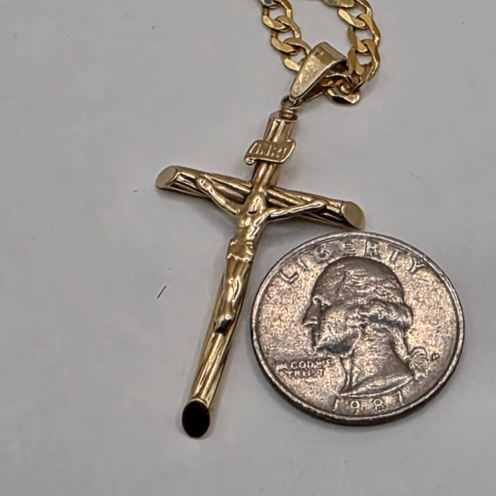 10K Gold Crucifix, Flat Cubin Link Necklace