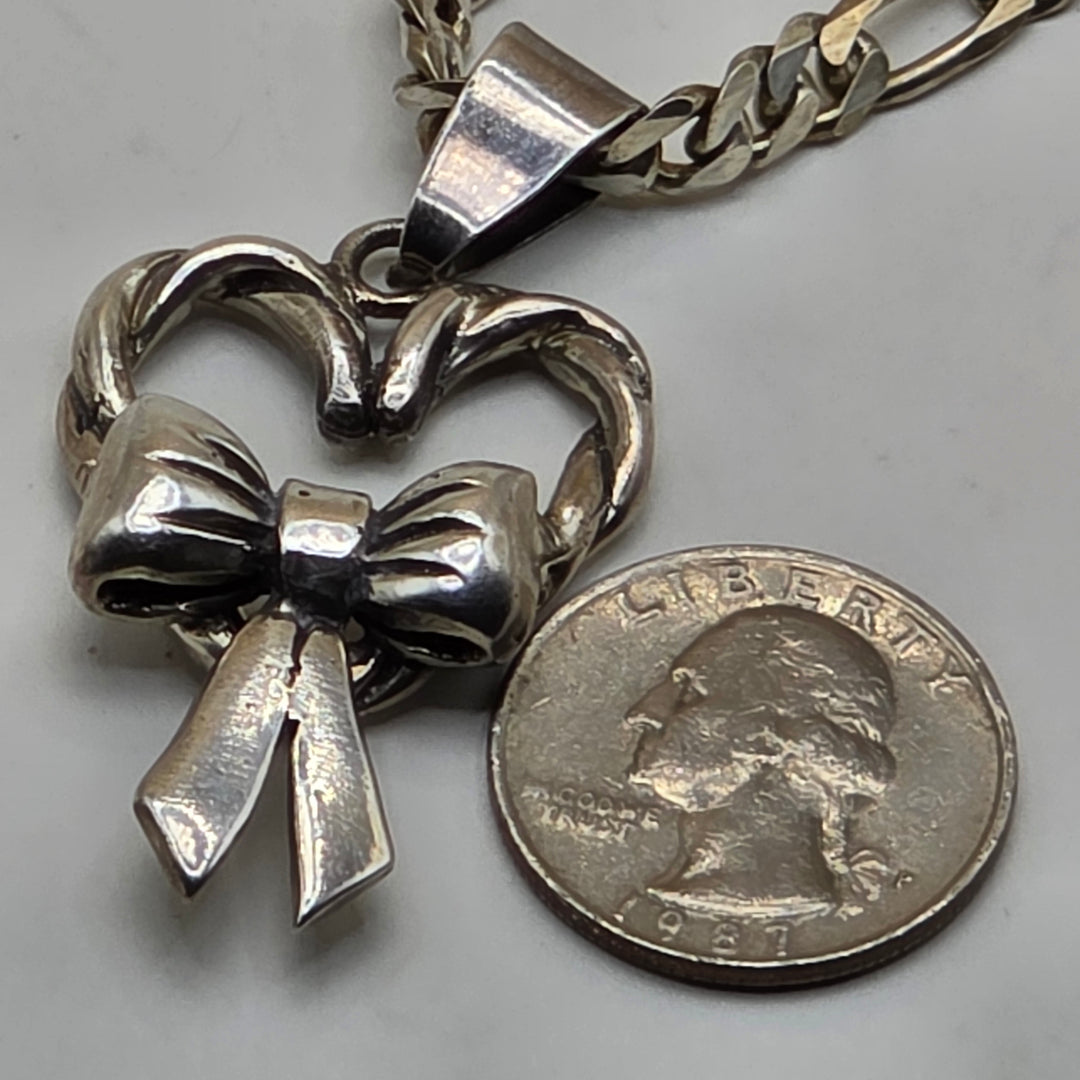 Bold Sterling Silver Bow Heart & Figaro Link Necklace