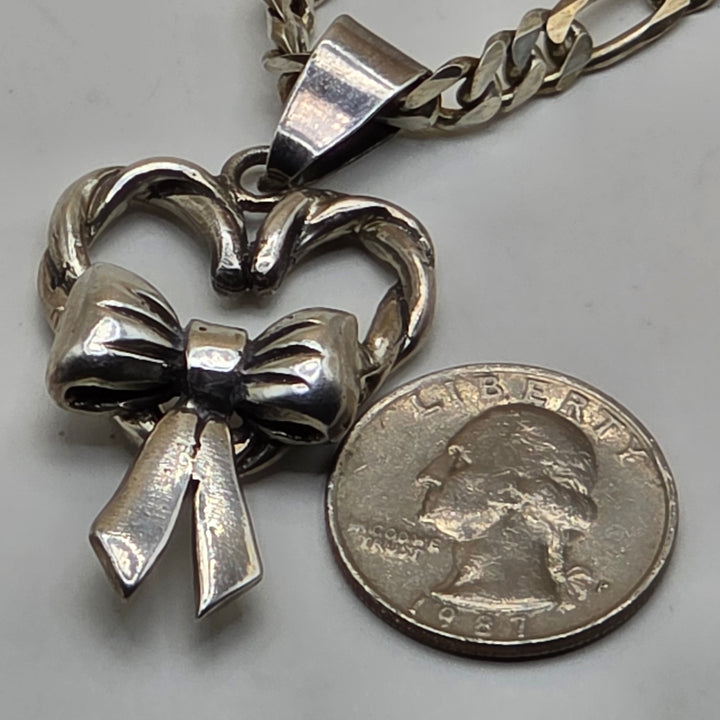 Bold Sterling Silver Bow Heart & Figaro Link Necklace