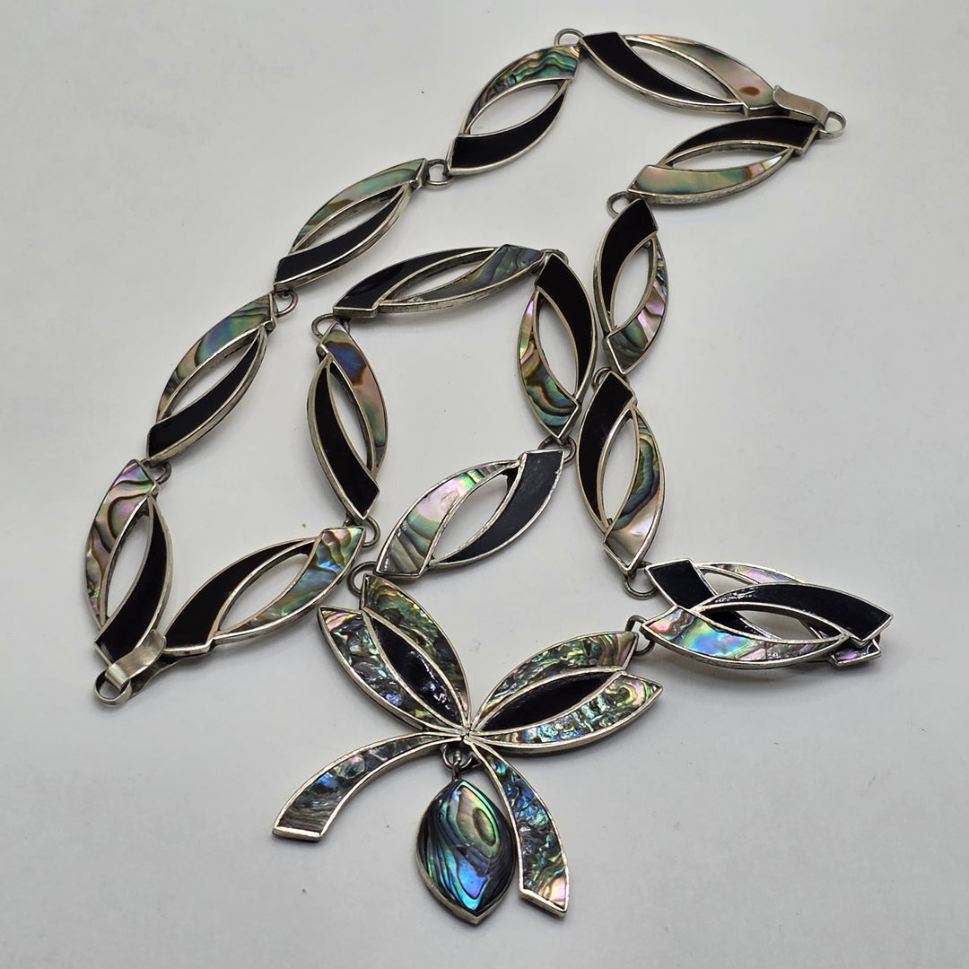 Sterling Silver. Abalone Shell & Enamel Necklace & Earrings Set