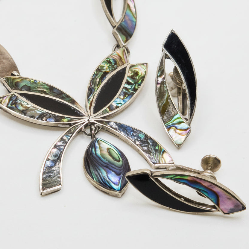 Sterling Silver. Abalone Shell & Enamel Necklace & Earrings Set