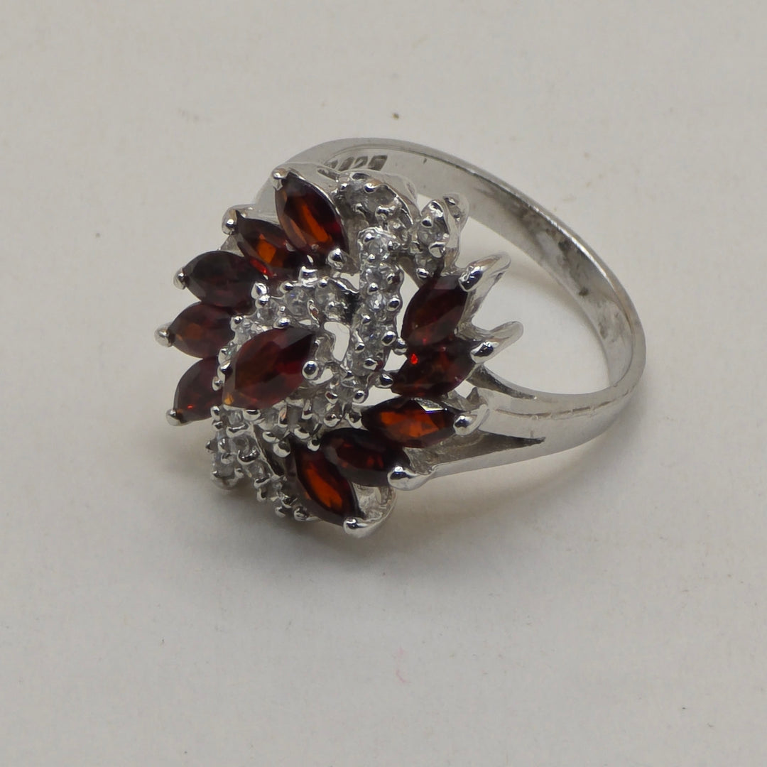 Sterling Silver & Dark Red Garnet Raining Floral Statement Ring