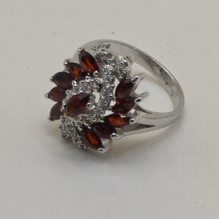 Sterling Silver & Dark Red Garnet Raining Floral Statement Ring