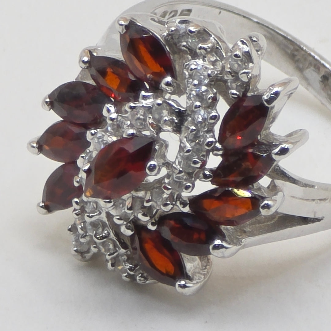 Sterling Silver & Dark Red Garnet Raining Floral Statement Ring