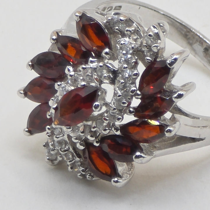 Sterling Silver & Dark Red Garnet Raining Floral Statement Ring