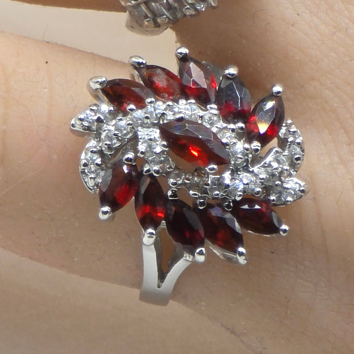 Sterling Silver & Dark Red Garnet Raining Floral Statement Ring