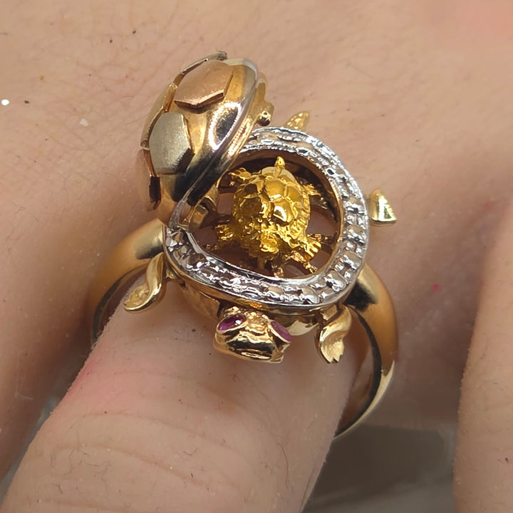 14K Tri-Color Gold "A Mother's Protective Love" Turtle Ring