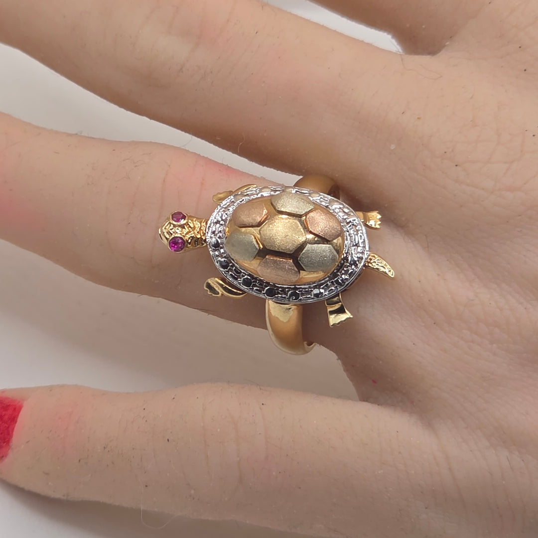 14K Tri-Color Gold "A Mother's Protective Love" Turtle Ring