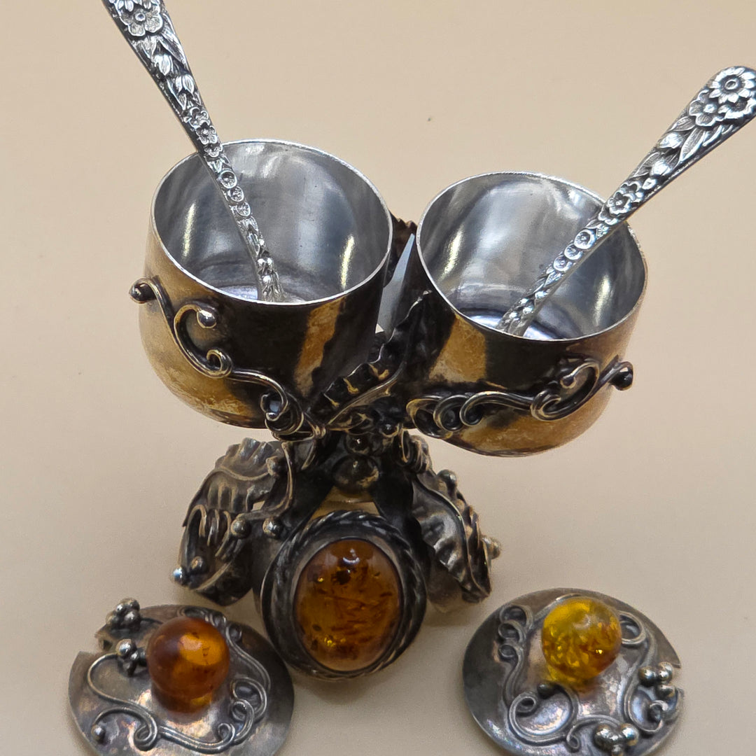 Antique Silver & Amber Art Deco Spice or Caviar Menage Server