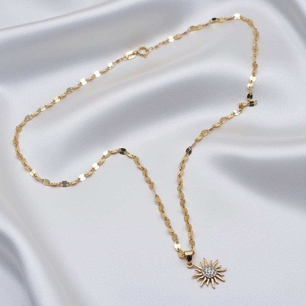 14K Gold Mirror Link Necklace w/ Diamond Enhanced Groovy Sun Pendant