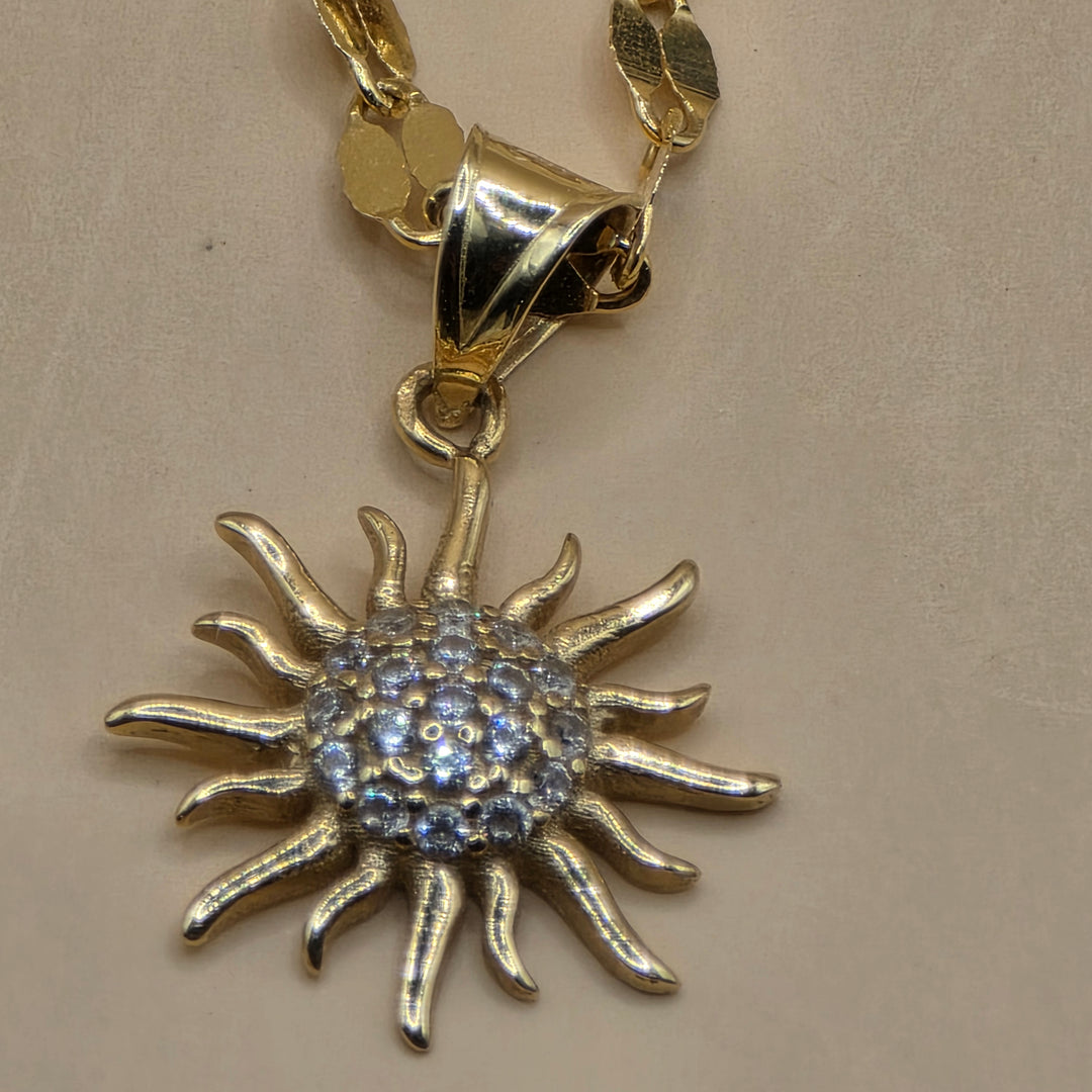 14K Gold Mirror Link Necklace w/ Diamond Enhanced Groovy Sun Pendant