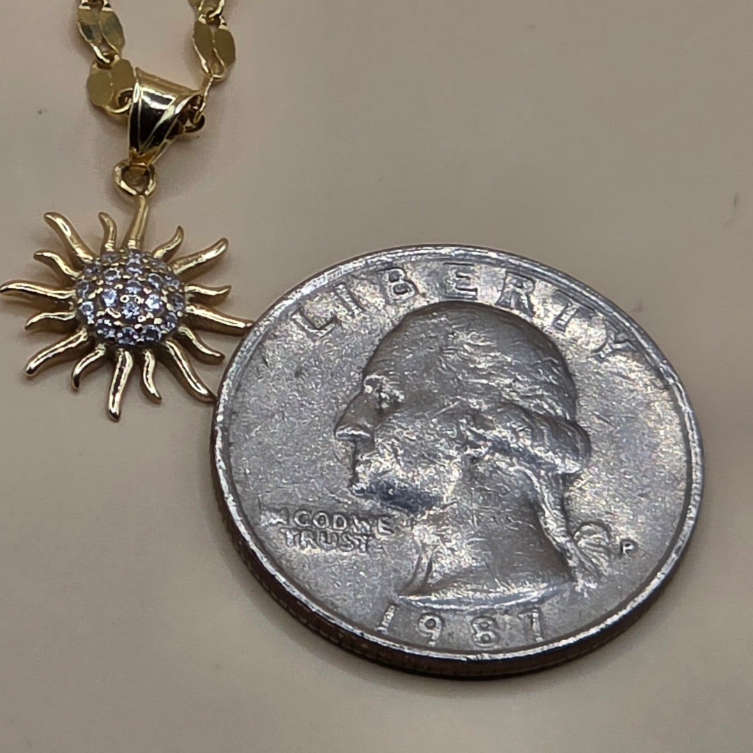 14K Gold Mirror Link Necklace w/ Diamond Enhanced Groovy Sun Pendant