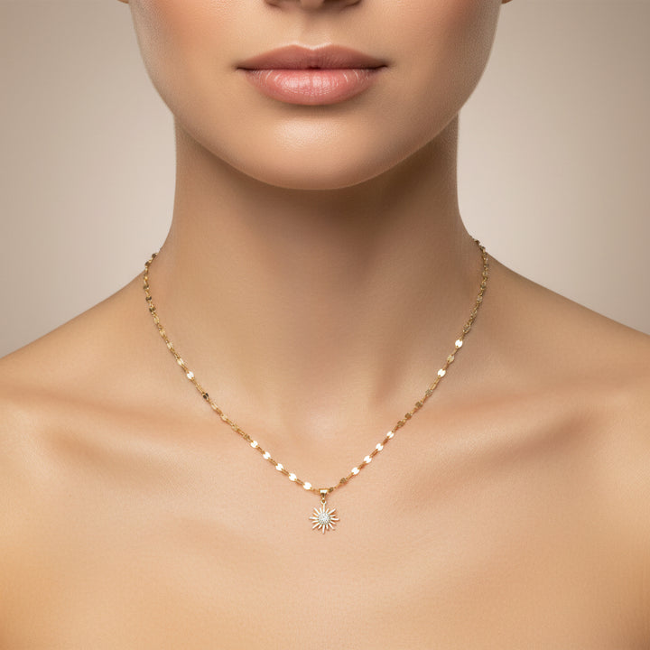 14K Gold Mirror Link Necklace w/ Diamond Enhanced Groovy Sun Pendant