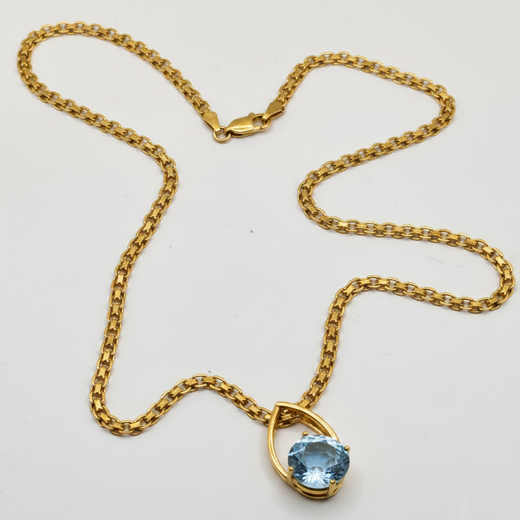 14K Gold, Checkerboard Round Cut Baby Blue Gemstone Necklace