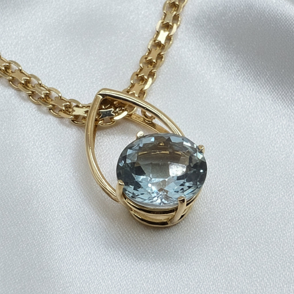 14K Gold, Checkerboard Round Cut Baby Blue Gemstone Necklace