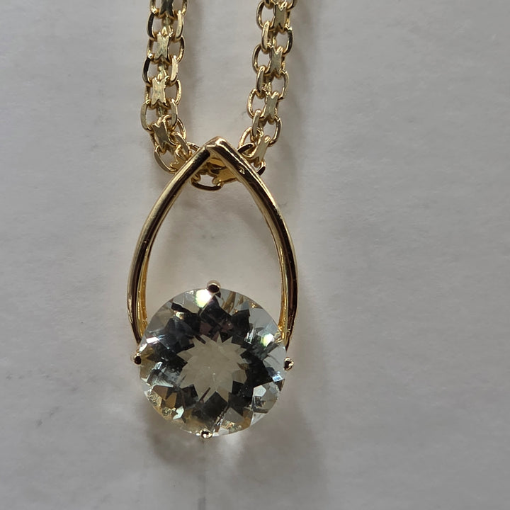 14K Gold, Checkerboard Round Cut Baby Blue Gemstone Necklace